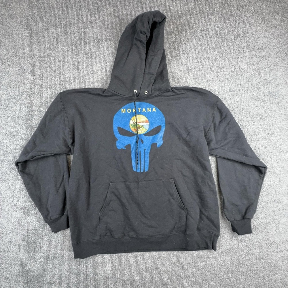 Hanes Hoodie Mens Large Black Fleece Montana Skull Graphic Red Rock River Ranch